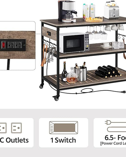 Yaheetech Kitchen Cart with Power Outlet, Rolling Kitchen Island on Wheels with Glass Holder & Hooks, Utility Trolley Cart Coffee Bar Microwave Stand Cart with Lockable Casters, Taupe Wood - LeafyLoom