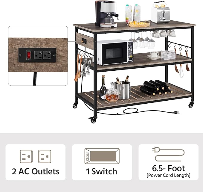 Yaheetech Kitchen Cart with Power Outlet, Rolling Kitchen Island on Wheels with Glass Holder & Hooks, Utility Trolley Cart Coffee Bar Microwave Stand Cart with Lockable Casters, Taupe Wood - LeafyLoom