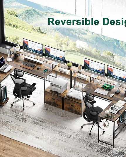 L Shaped Desk with Drawers, 66" Home Office Desk with Power Outlet and Led Strip, Reversible Computer Desk with Storage Shelves & Monitor Stand, Large Corner Desk Gaming Desk, Rustic Brown - LeafyLoom
