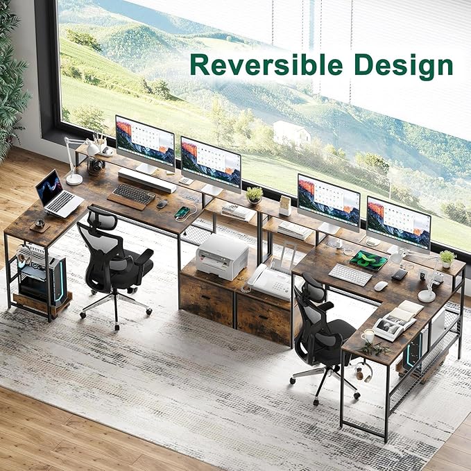 L Shaped Desk with Drawers, 66" Home Office Desk with Power Outlet and Led Strip, Reversible Computer Desk with Storage Shelves & Monitor Stand, Large Corner Desk Gaming Desk, Rustic Brown - LeafyLoom