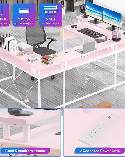 U Shaped Computer Gaming Desk, Reversible L Shaped Desk with Power Outlets, LED Strip & Monitor Stand, Large Corner Desk with Storage Shelves for Home Office,Deep Pink - LeafyLoom