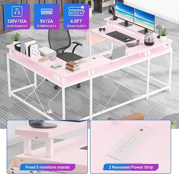 U Shaped Computer Gaming Desk, Reversible L Shaped Desk with Power Outlets, LED Strip & Monitor Stand, Large Corner Desk with Storage Shelves for Home Office,Deep Pink - LeafyLoom