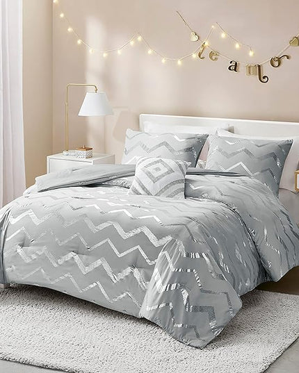 Codi Grey Queen Comforter Set, Silver Print Bedding Sets for Queen Size Bed - 4 Piece includes 1 Queen/Full Comforter with 1 Decorative Pillow and 2 Pillow Cases - All Season Warm - LeafyLoom