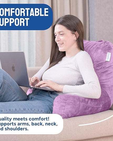 ComfortSpa Reading Pillow for Bed Adult Size, Back Rest Pillow with Arms, Pockets and Washable Cover; Use as a Back Pillow for Sitting in Bed for Bedrest or Relief from GERD Heartburn (Lavender) - LeafyLoom