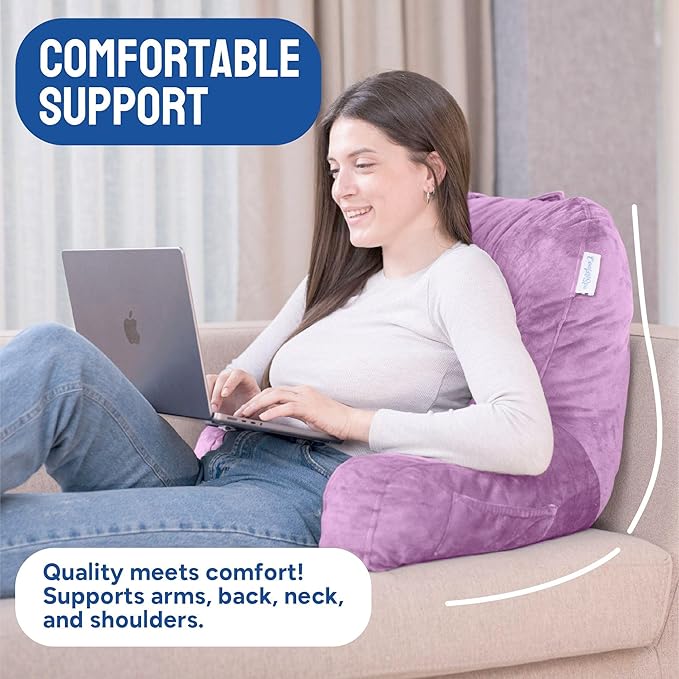 ComfortSpa Reading Pillow for Bed Adult Size, Back Rest Pillow with Arms, Pockets and Washable Cover; Use as a Back Pillow for Sitting in Bed for Bedrest or Relief from GERD Heartburn (Lavender) - LeafyLoom