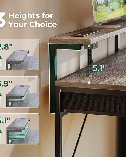 Gaming Desk with 6 Drawers, Computer Desk with LED Lights Power Outlets and Type-C, 39 Inch Office Desk with Storage, Monitor Stand, Writing Desk Work Desk for Home Office, Bedroom, Study, Grey - LeafyLoom