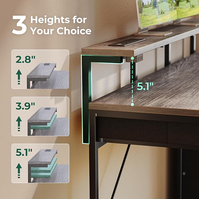 Gaming Desk with 6 Drawers, Computer Desk with LED Lights Power Outlets and Type-C, 39 Inch Office Desk with Storage, Monitor Stand, Writing Desk Work Desk for Home Office, Bedroom, Study, Grey - LeafyLoom