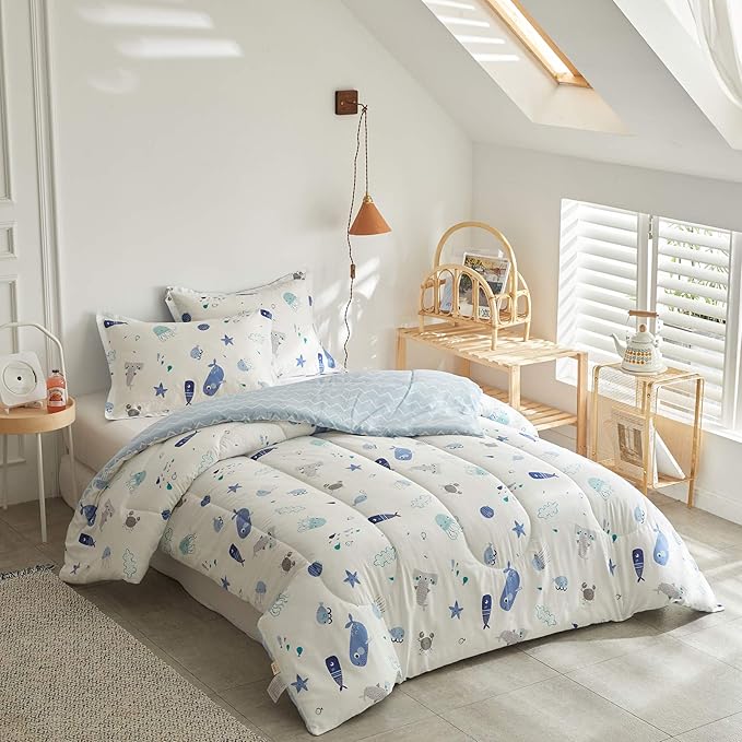 Joyreap 3pcs Premium Cotton Comforter Set for Kids Boys n Girls, Vibrant Ocean Theme Starfish Whale Crab Printed, Skin-friendly Breathable Bedding Comforter for All Season (Twin, 68x88 inches) - LeafyLoom