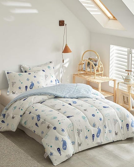 Joyreap 3pcs Premium Cotton Comforter Set for Kids Boys n Girls, Vibrant Ocean Theme Starfish Whale Crab Printed, Skin-friendly Breathable Bedding Comforter for All Season (Full/Queen, 88x88 inches) - LeafyLoom