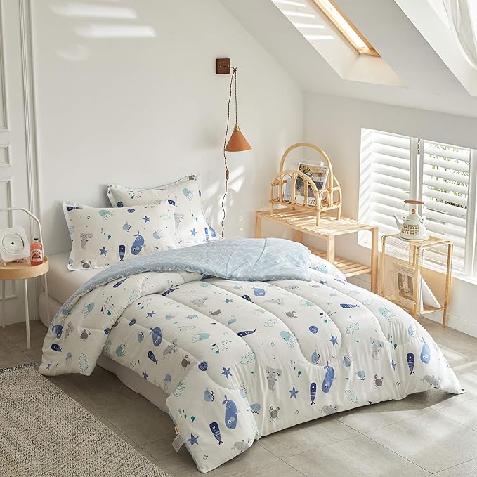 Joyreap 3pcs Premium Cotton Comforter Set for Kids Boys n Girls, Vibrant Ocean Theme Starfish Whale Crab Printed, Skin-friendly Breathable Bedding Comforter for All Season (Full/Queen, 88x88 inches) - LeafyLoom
