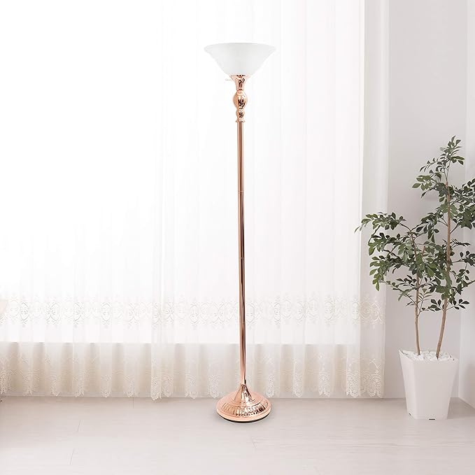 Elegant Designs LF2001-RGD 1 Light Torchiere Marbleized White Glass Shade Floor Lamp, Rose Gold - LeafyLoom