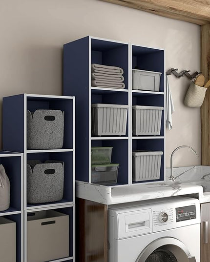 Apexa 3 Cube Storage Organizer Shelves, Stackable Wood Bookcase Fits Cubby Bins for Organization, Dorm Teen Room Decor & Home Office, Steel Blue - LeafyLoom