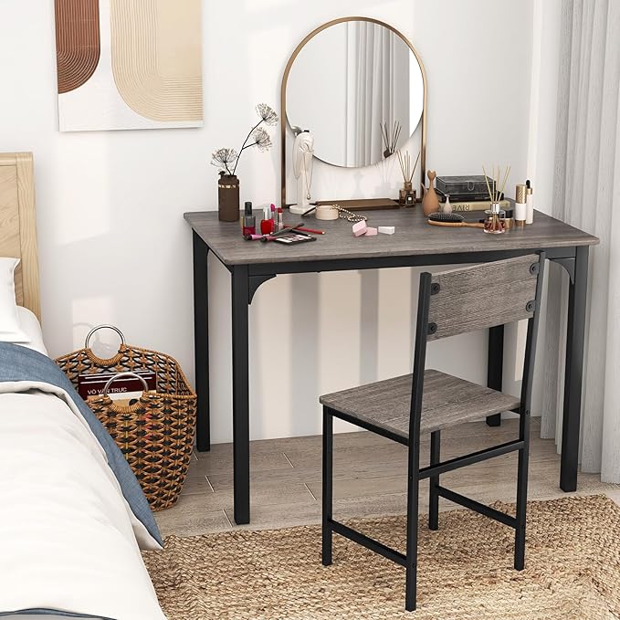 Dining Table Set for 4, Dinette Set w/Bench & Chairs, 2-Person Kitchen Table and Chairs w/Metal Frame & Storage Rack, Space-Saving Kitchen Table w/Bench for Apartment (Grey), Small - LeafyLoom