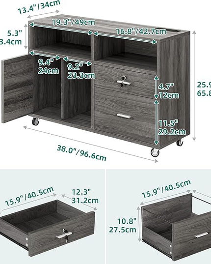 DWVO 2 Drawer File Cabinet with Charging Station, Mobile Filing Cabinet with Lock, Grey - LeafyLoom