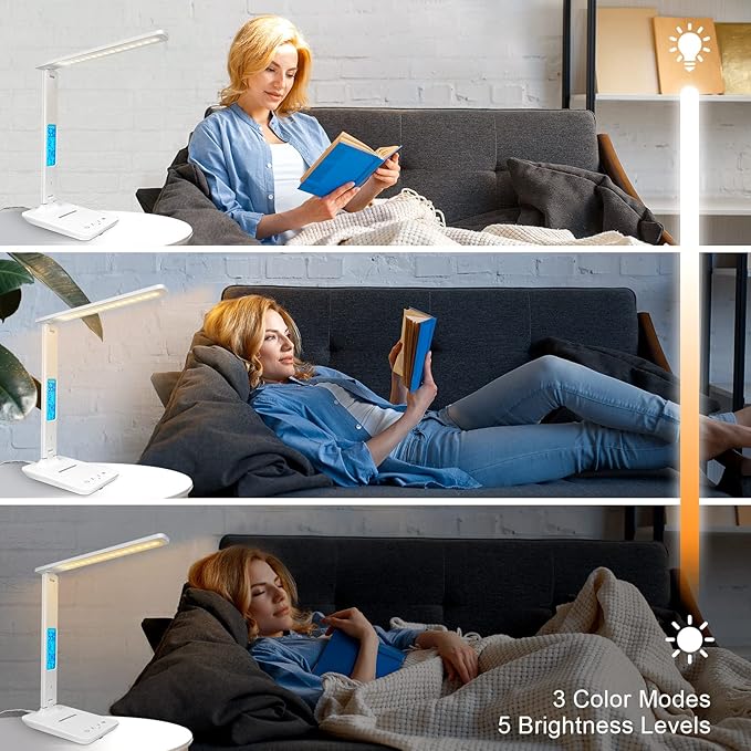 Desk Lamp with Wireless Charger, USB Charging Port, Dimmable Office Desk Light with Clock, Alarm, Date, Temperature, Foldable Lamp for Table Bedroom Bedside Office (White) - LeafyLoom