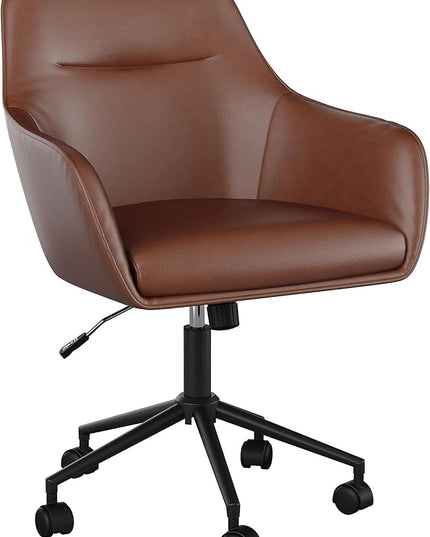 Martha Stewart Rayna Swivel Task Chair with Flared Arms for Home Office in Saddle Brown Faux Leather with Oil Rubbed Bronze Frame - LeafyLoom