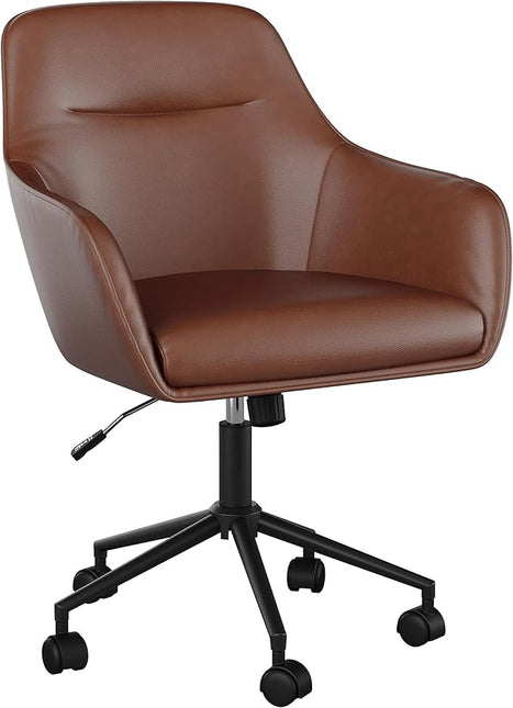 Martha Stewart Rayna Swivel Task Chair with Flared Arms for Home Office in Saddle Brown Faux Leather with Oil Rubbed Bronze Frame - LeafyLoom
