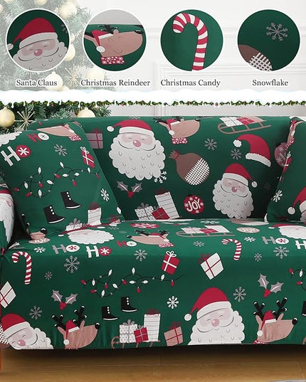 Mybedsoul Christmas Sofa Cover Santa Claus Printed Sofa Couch Cover Washable Furniture Protector with Elastic Bottom Xmas Home Room Festival Decoration(2 Seater/Loveseat) Mybedsoul