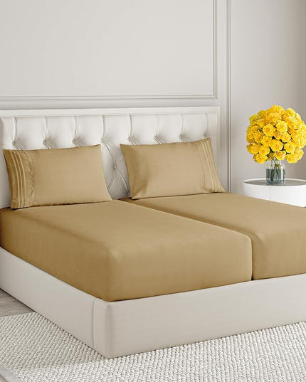 Split King Size 5 Piece Sheet Set - Comfy Breathable & Cooling Sheets - Hotel Luxury Bed Sheets for Women & Men - Deep Pockets, Easy-Fit, Soft & Wrinkle Free Sheets - Beige Oeko-Tex Bed Sheet Set - LeafyLoom