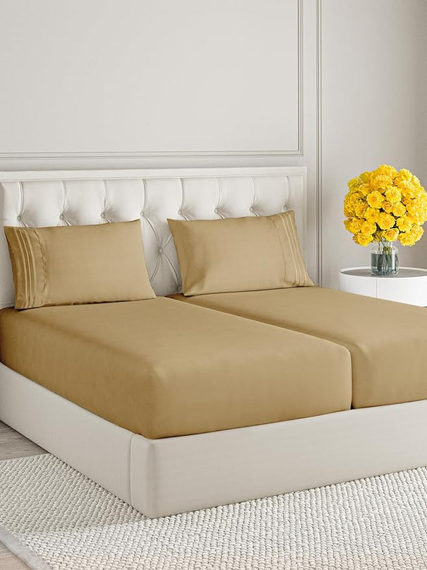 Split King Size 5 Piece Sheet Set - Comfy Breathable & Cooling Sheets - Hotel Luxury Bed Sheets for Women & Men - Deep Pockets, Easy-Fit, Soft & Wrinkle Free Sheets - Beige Oeko-Tex Bed Sheet Set - LeafyLoom