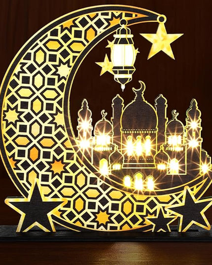 Capoda Eid Craft Night Light Ramadan Mubarak Table Decor 3D Wooden Moon Star LED Light Decor, Mosque Lamp Eid al-Fitr Ornament Gift for Muslim Ramadan Islamic Wall Decor Table Centerpiece(Black) - LeafyLoom