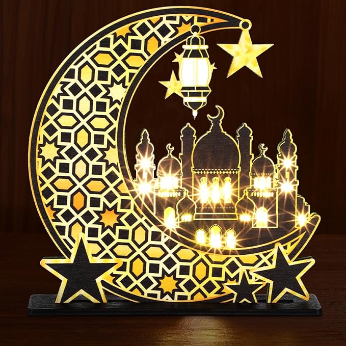 Capoda Eid Craft Night Light Ramadan Mubarak Table Decor 3D Wooden Moon Star LED Light Decor, Mosque Lamp Eid al-Fitr Ornament Gift for Muslim Ramadan Islamic Wall Decor Table Centerpiece(Black) - LeafyLoom