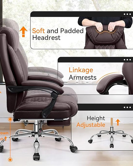Office Chair, Executive Leather Chair Adjustable High Back, Ergonomic Computer Desk Chair Lumbar Support, Big and Tall Office Chair with Footrest, Comfy Reclining Chair for Home Office - LeafyLoom