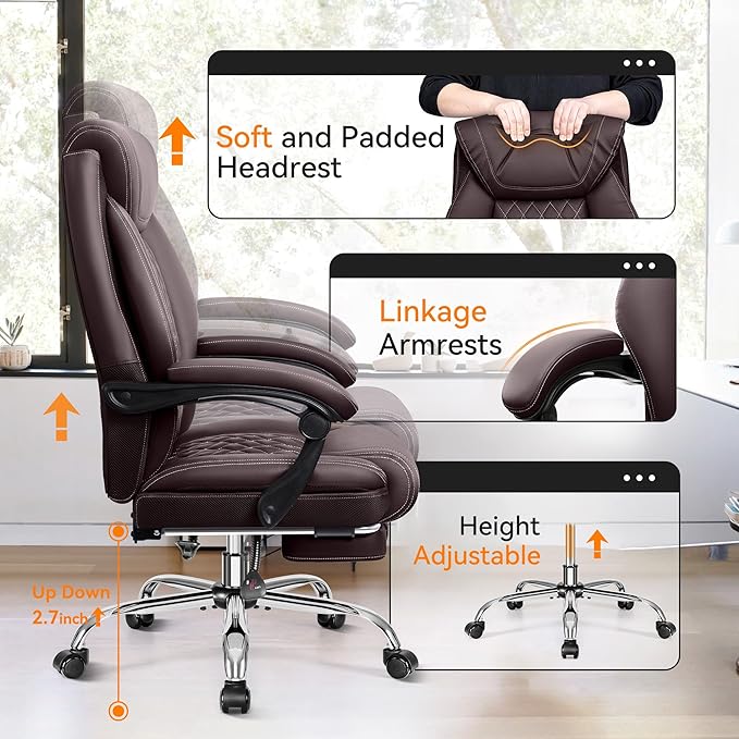Office Chair, Executive Leather Chair Adjustable High Back, Ergonomic Computer Desk Chair Lumbar Support, Big and Tall Office Chair with Footrest, Comfy Reclining Chair for Home Office - LeafyLoom