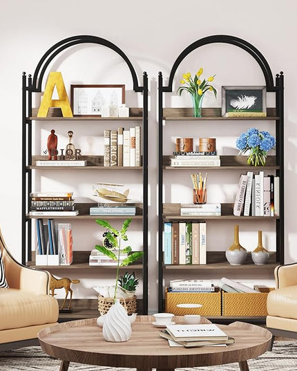 Tribesigns 5-Shelf Arched Bookcase, 72 inch Tall Rustic Wood Shelf with Black Metal Frame, Industrial Freestanding Open Bookshelf for Bedroom, Living Room,Small Spaces (Oak+Black, 1PC) - LeafyLoom