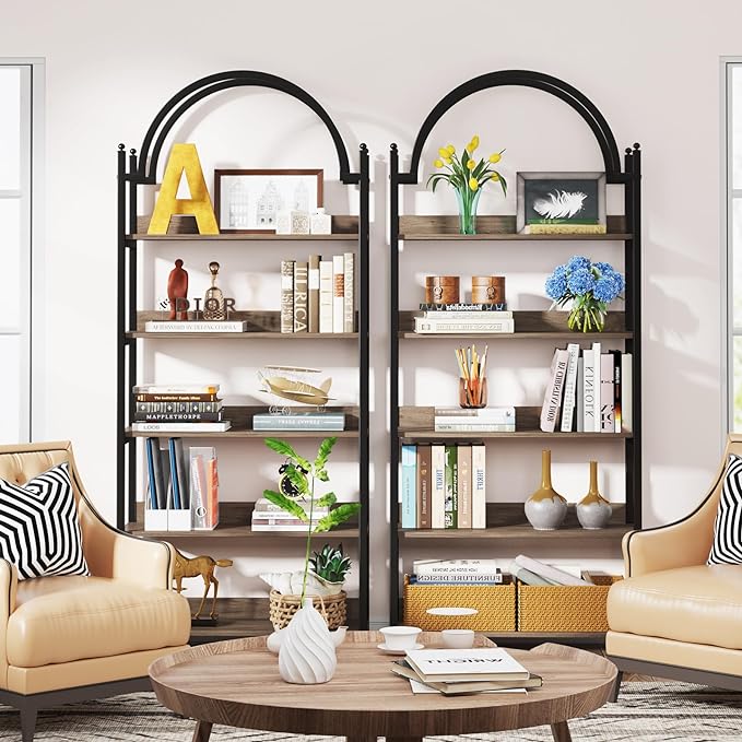 Tribesigns 5-Shelf Arched Bookcase, 72 inch Tall Rustic Wood Shelf with Black Metal Frame, Industrial Freestanding Open Bookshelf for Bedroom, Living Room,Small Spaces (Oak+Black, 1PC) - LeafyLoom