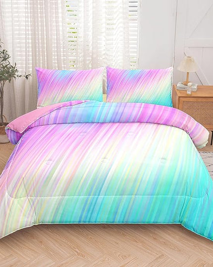Bodhi pink full comforter set,comforter set for girls,tie dye bedding set for kids,kids girls bedding sets,full comforter sets for girls,3PCS rainbow bedding set with pillowcase - LeafyLoom