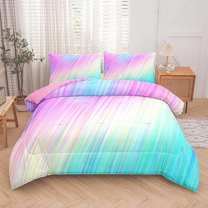 Bodhi pink full comforter set,comforter set for girls,tie dye bedding set for kids,kids girls bedding sets,full comforter sets for girls,3PCS rainbow bedding set with pillowcase - LeafyLoom