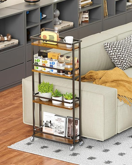 Slim Storage Cart 4 Tier Narrow Kitchen Rolling Cart on Wheels for Small Space, Mobile Spice Rack Seasoning Organizer Utility Serving Cart for Kitchen Bathroom Laundry, Brown - LeafyLoom
