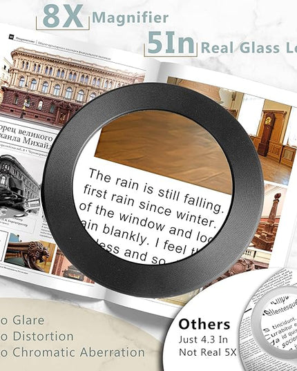 8X Magnifying Glass with Light, 5 Inches Real Glass Lens LED Desk Lamp with Clamp, 3 Color Modes Stepless Dimmable Lighted Magnifier with Light and Stand for Reading Crafts Repair Close Works - Black - LeafyLoom
