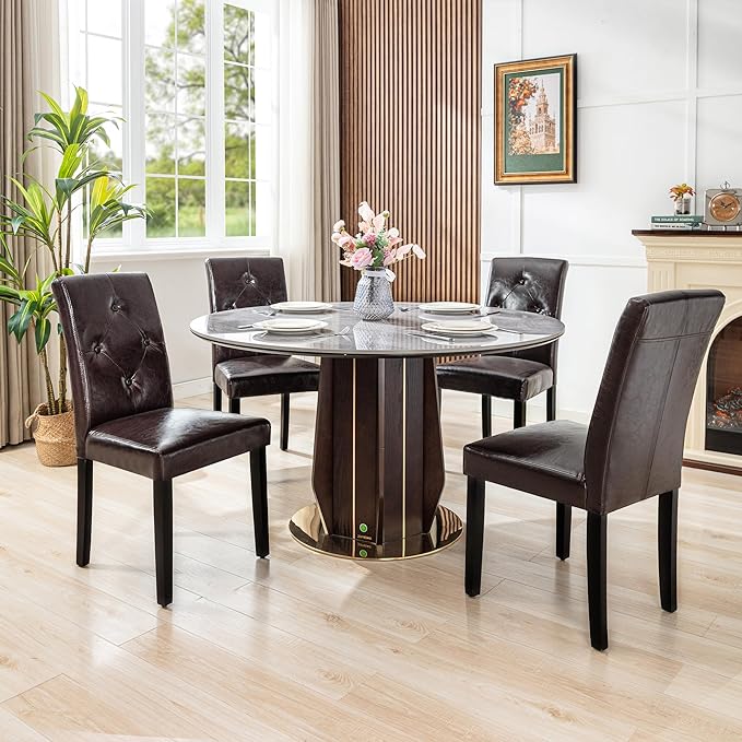 VECELO Upholstered Dining Chairs Set of 2 Modern PU Leather and Solid Wood Legs & High Back, Parsons for Kitchen/Living Room-Coffee - LeafyLoom