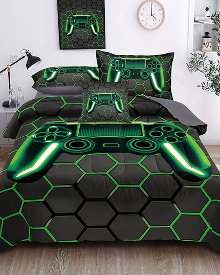 Kids Gaming Bedding Sets, 6 Piece Gamer Comforter Sets for Teens Boys Queen Size for Bedroom Comforter Set Adult 3D Gamepad Microfiber Bedding Sets Fits All Season (Queen Comforter - LeafyLoom