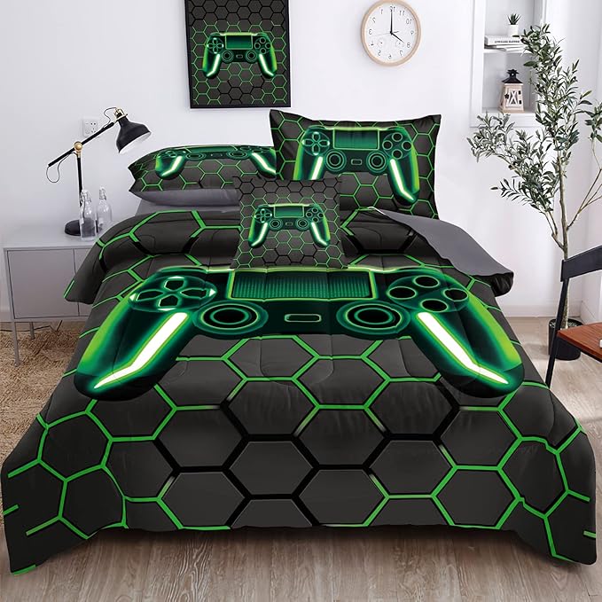 Kids Gaming Bedding Sets, 6 Piece Gamer Comforter Sets for Teens Boys Queen Size for Bedroom Comforter Set Adult 3D Gamepad Microfiber Bedding Sets Fits All Season (Queen Comforter - LeafyLoom