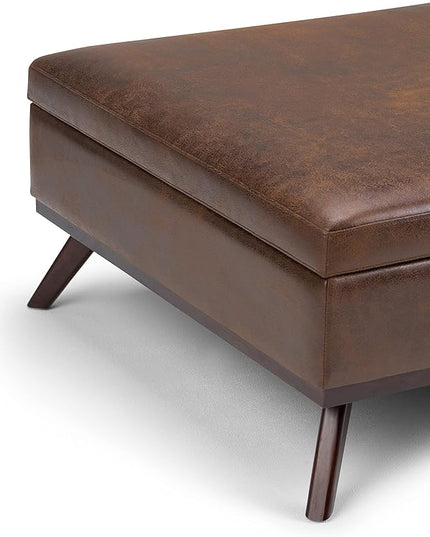 SIMPLIHOME Owen 36 Inch Wide Mid Century Modern Square Coffee Table Lift Top Storage Ottoman in Upholstered Distressed Chestnut Brown Faux Leather, For the Living Room - LeafyLoom