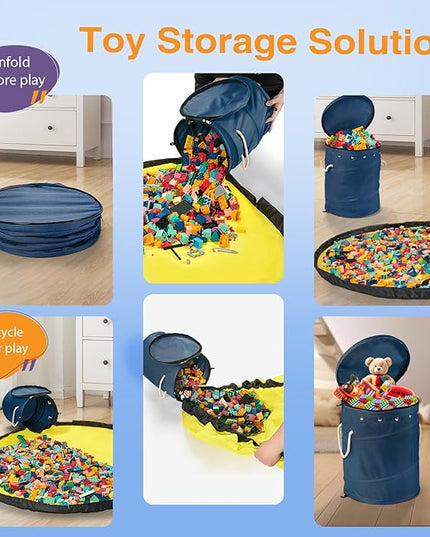 Toy Storage Basket + Play Mat for Kids Toy Chest Organizer Kids Toy Storage Organizer Foldable Big Storage Bins with Lids Large Toy Box for Boys Girls Toy Holders for Kids Rooms Nursery (Blue) - LeafyLoom