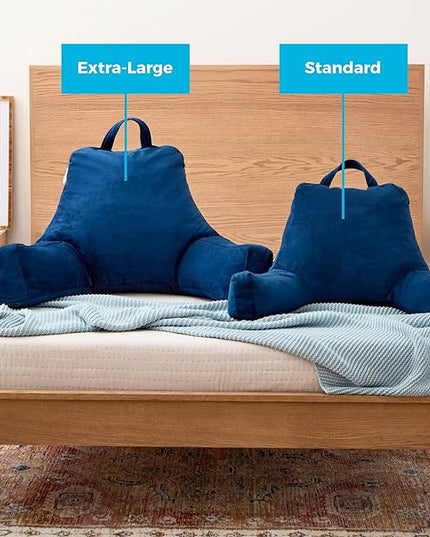 LINENSPA Reading Pillow with Shredded Memory Foam- Back Pillow for Sitting in Bed, Reading, Gaming, Watching TV – Bed Chair Pillow with Arms, Dorm Room Essentials, Navy - LeafyLoom