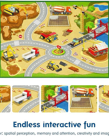 Booooom Jackson Kids Construction Site Play Rug Non-Slip Construction Vehicles Play Mat for Driving Toy Cars Daycare Nursery Preschool Playroom Kids Car Activity Carpet - LeafyLoom