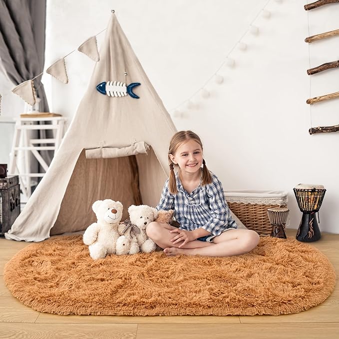 Noahas Ultra Soft Fluffy Bedroom Rugs,2.6' X 5.3' Oval Khaki Fluffy Rugs for Bedroom,Small Throw Rugs, Kids Room Carpet Modern Shaggy Area Rugs Home Decor - LeafyLoom