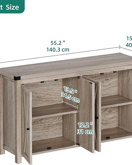 YITAHOME Buffet Cabinet with Storage, 55'' Modern Farmhouse Coffee Bar Cabinet w/4 Doors ＆Adjustable Shelf, Wood Large Kitchen Storage Cabinet with Barn Doors for Kitchen, Living Room, Grey-Brown - LeafyLoom