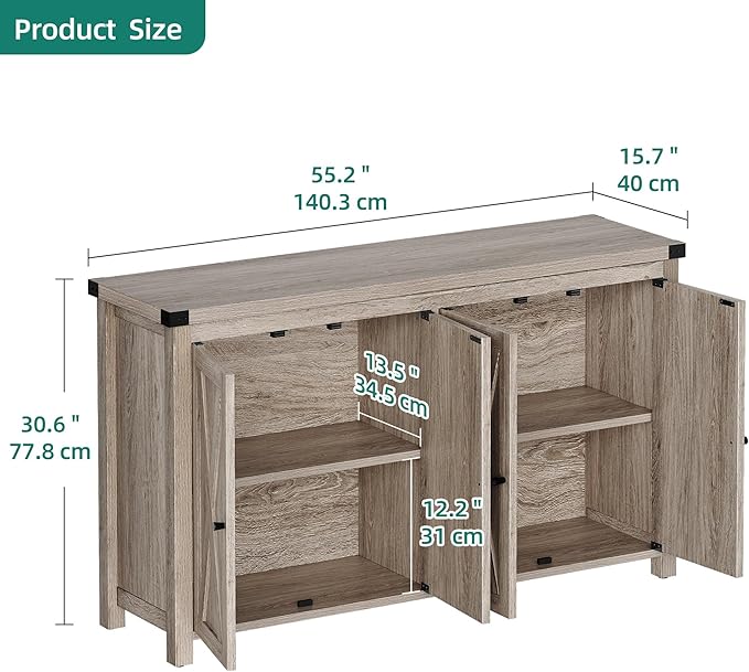 YITAHOME Buffet Cabinet with Storage, 55'' Modern Farmhouse Coffee Bar Cabinet w/4 Doors ＆Adjustable Shelf, Wood Large Kitchen Storage Cabinet with Barn Doors for Kitchen, Living Room, Grey-Brown - LeafyLoom