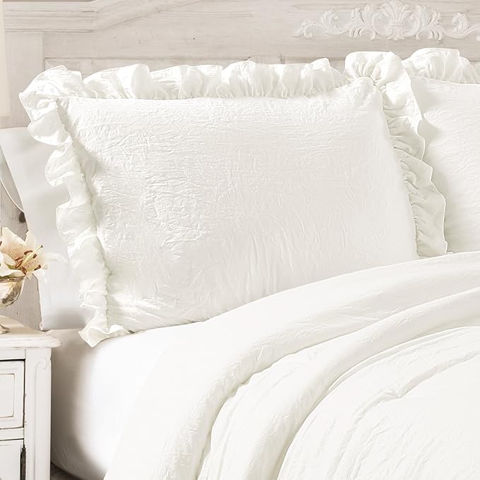 Lush Decor Reyna Ruffle Comforter Set - 3 Piece Cozy Ruffled Bedding Set - Timeless Elegance and Comfort for Bedroom - California King, White - LeafyLoom