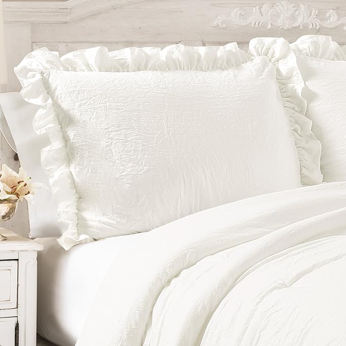 Lush Decor Reyna Ruffle Comforter Set - 3 Piece Cozy Ruffled Bedding Set - Timeless Elegance and Comfort for Dorm Room - Full/ Queen, White - LeafyLoom