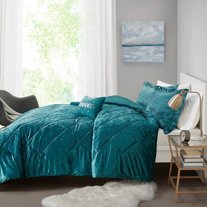 Intelligent Design Queen Comforter Set, Velvet Comforter Set , Luxury Diamond Quilting Comforter Set, Fluffy Comforter Bed Set with Decorative Pillowand 2 Shams, 4 Piece Teal, Full/Queen - LeafyLoom