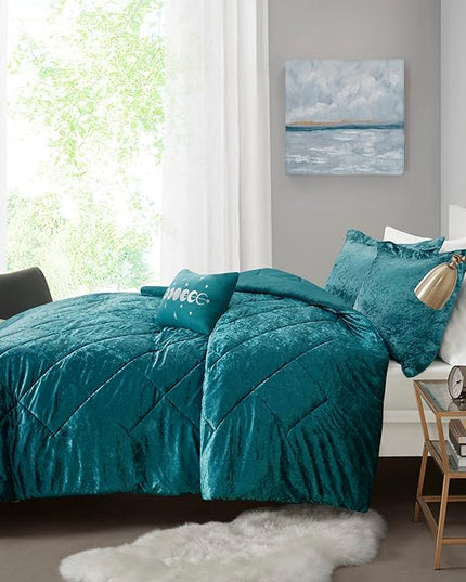 Intelligent Design Twin Comforter Set, Velvet Comforter Set , Luxury Diamond Quilting Comforter Set, Fluffy Comforter Bed Set with Decorative Pillowand 1 Sham, 3 Piece Teal, Twin/Twin XL - LeafyLoom