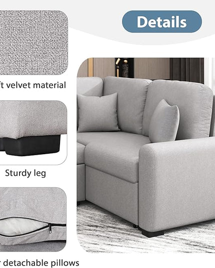 3 in 1 Convertible Sectional Sofa with Pull Out Bed , 87.4" L Shaped Corner Couch with USB Charging Ports & Plug Outlet , Breathable Linen Fabric Conversion Sofabed for Living Room Office Furniture - LeafyLoom