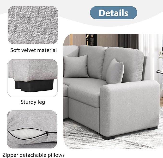 3 in 1 Convertible Sectional Sofa with Pull Out Bed , 87.4" L Shaped Corner Couch with USB Charging Ports & Plug Outlet , Breathable Linen Fabric Conversion Sofabed for Living Room Office Furniture - LeafyLoom